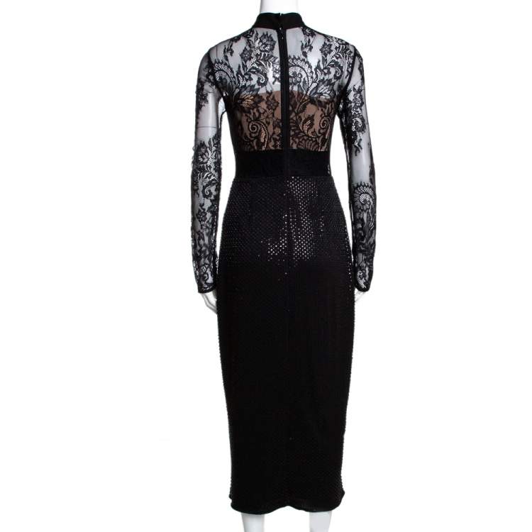 Pre Owned Self Portrait Black Bead and Sequin Embellished Lace Midi Dress S