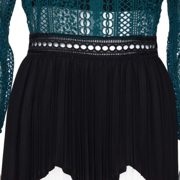 مملوكة مسبقًا Self Portrait Green Panelled Guipure Lace Pleated Midi Dress M