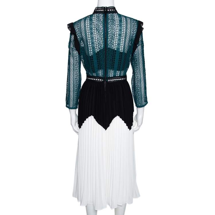 مملوكة مسبقًا Self Portrait Green Panelled Guipure Lace Pleated Midi Dress M