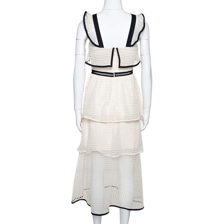 Pre Owned Self Portrait Off White Lace Contrast Flounce Tiered Dress S