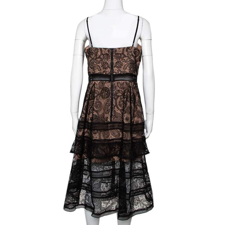 Pre Owned Self Portrait Black Paisley Lace Sleeveless Bustier Dress L 