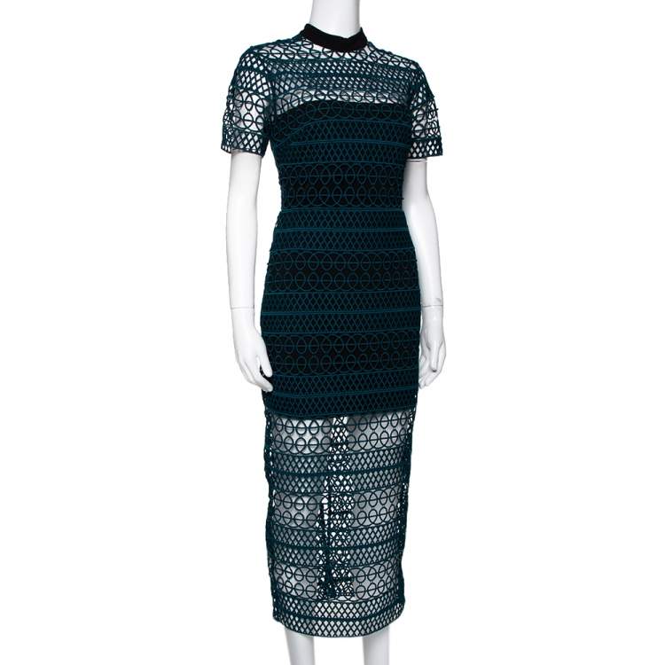 Pre Owned Self-Portrait Teal Green Guipure Lace Column Dress M