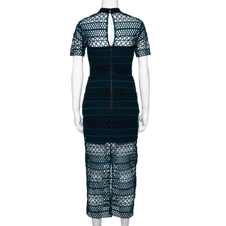 Pre Owned Self-Portrait Teal Green Guipure Lace Column Dress M