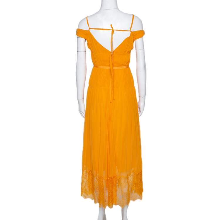 Pre Owned Self Portrait Orange Pleated Chiffon Off Shoulder Dress XS