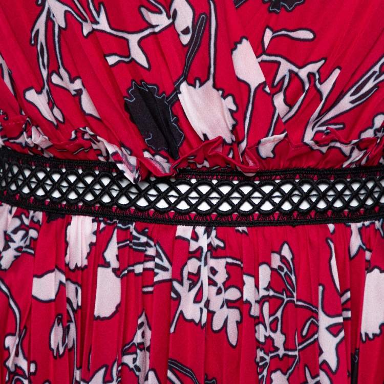 Pre Owned Self-Portrait Hibiscus Red Floral Print Crepe Pleated Midi Dress L