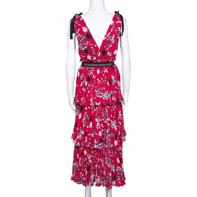 Pre Owned Self-Portrait Hibiscus Red Floral Print Crepe Pleated Midi Dress L
