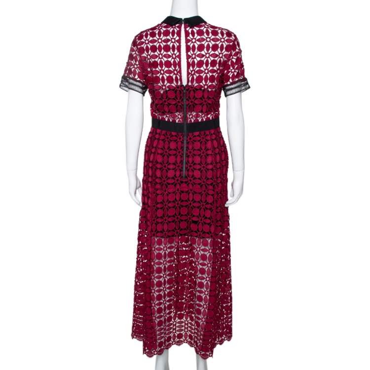 Pre Owned Self Portrait Burgundy Guipure Lace Contrast Trim Midi Dress M