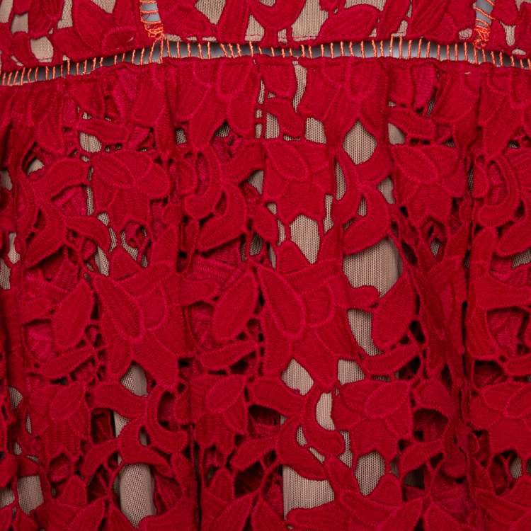 Pre Owned Self Portrait Red Floral Guipure Lace Noodle Strap Azaelea Midi Dress M