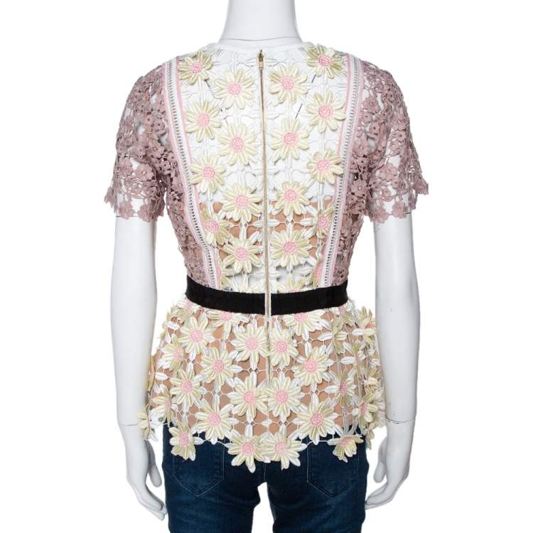 Pre Owned Self Portrait Multicolor 3D Floral Guipure Lace Peplum Top M