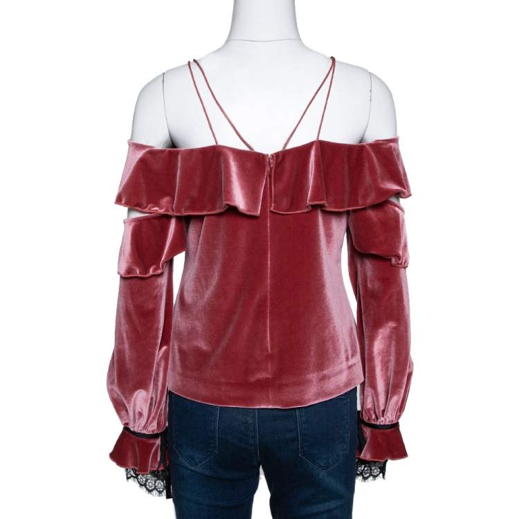 Pre Owned Self-Portrait Pink Velvet Ruffled Off Shoulder Top L