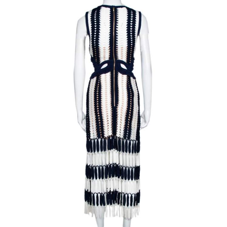 Pre Owned Self-Portrait Navy Blue & White Crochet Cutout Midi Dress M