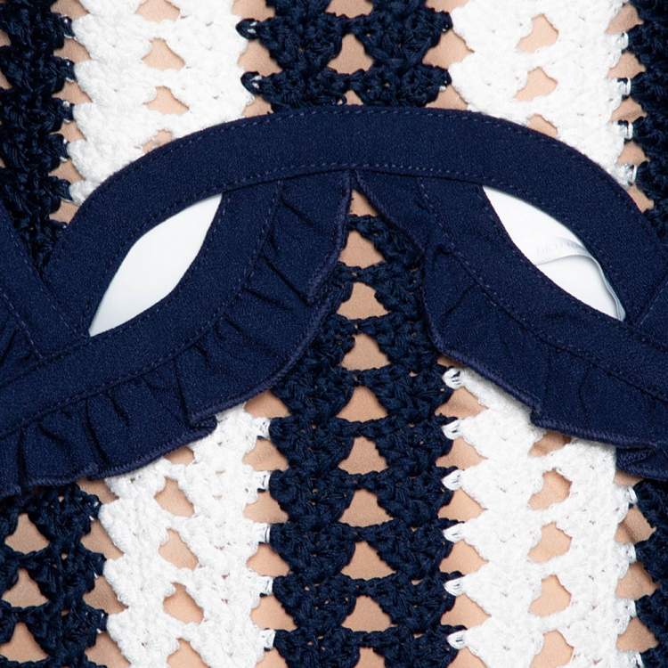 Pre Owned Self-Portrait Navy Blue & White Crochet Cutout Midi Dress M
