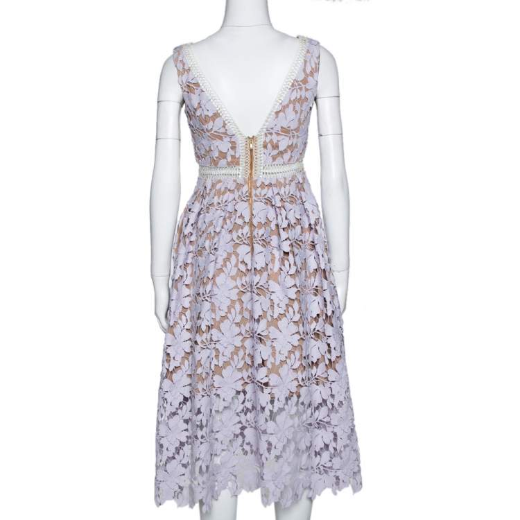 Pre Owned Self Portrait Pale Lilac Guipure Lace Sleeveless Midi Dress M