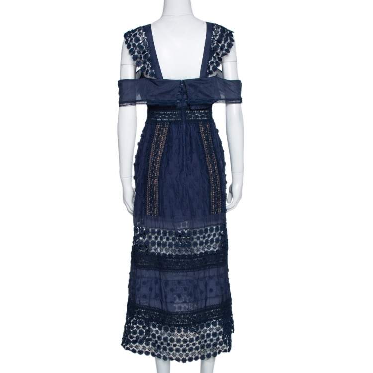 Pre Owned Self-Portrait Navy Blue Lace Paneled Bluebell Midi Dress S