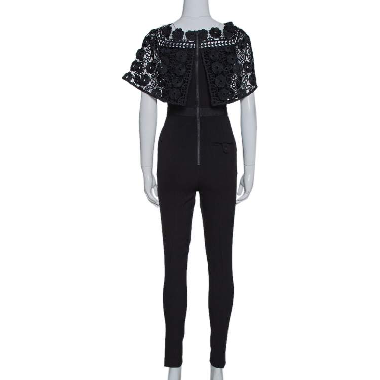 Pre Owned Self-Portrait Black Guipure Lace & Crepe Serena Jumpsuit S