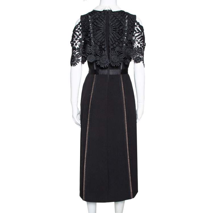 مملوكة مسبقًا Self Portrait Black Crepe Lace Overlay Hinkley Midi Dress M
