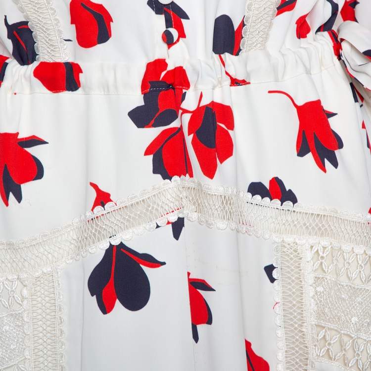 Pre Owned Self Portrait White Floral Print Crepe Flared Maxi Dress L