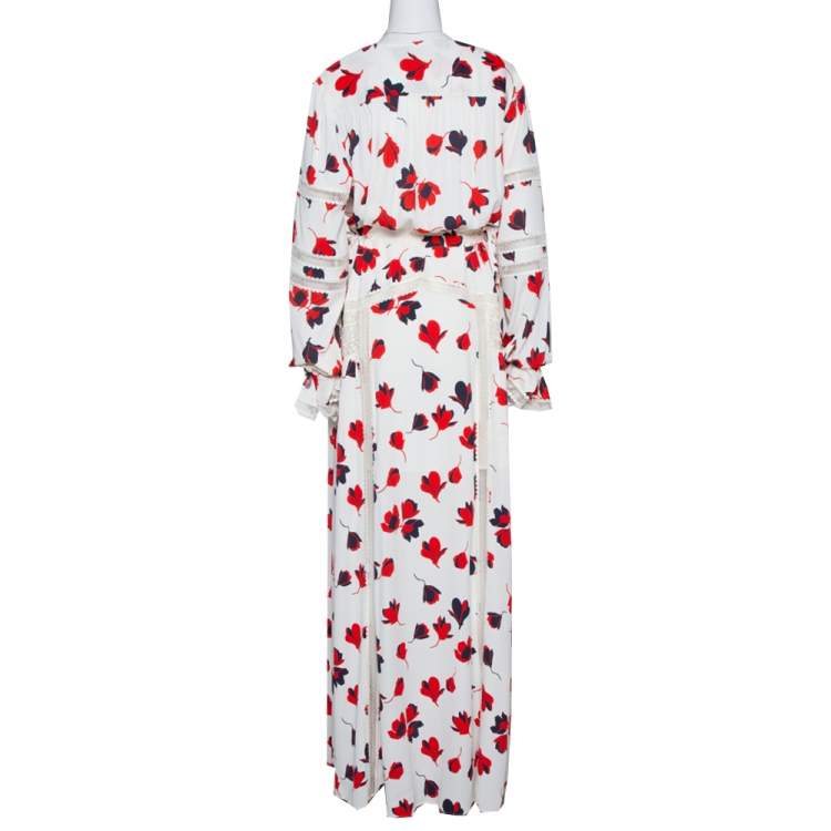 Pre Owned Self Portrait White Floral Print Crepe Flared Maxi Dress L