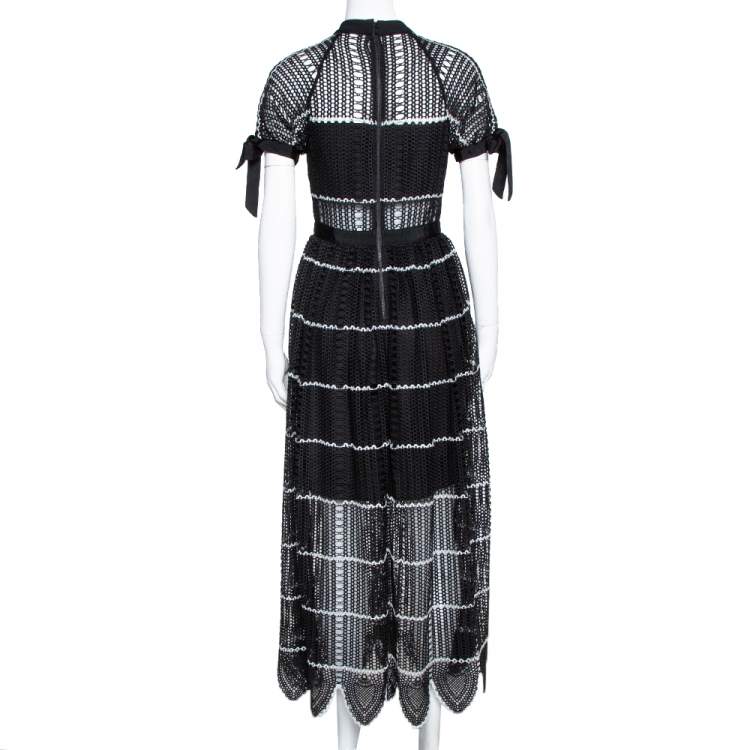 Pre Owned Self Portrait Black Crochet Guipure Lace Scallop Midi Dress S