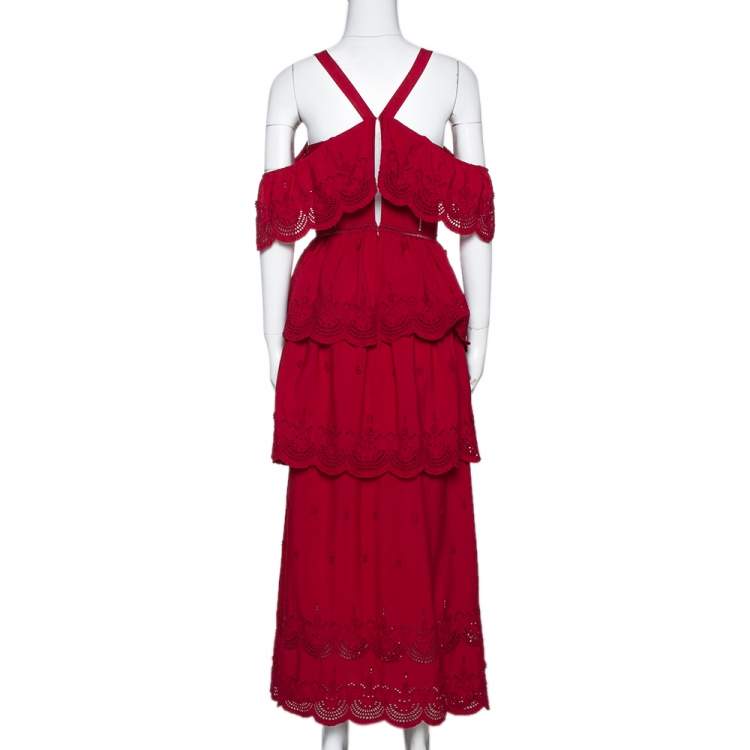 Pre Owned Self-Portrait Raspberry Red Lace Tiered Off Shoulder Dress S