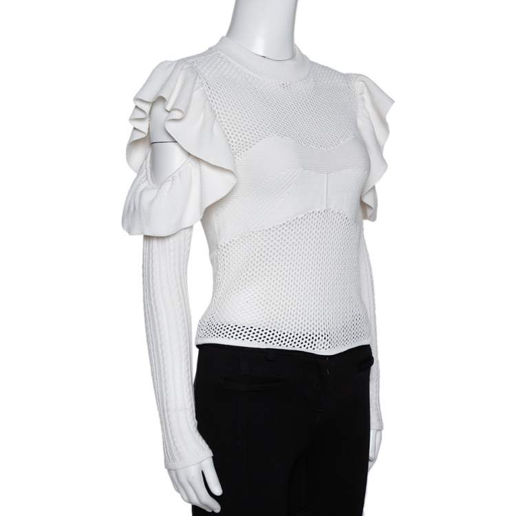 Pre Owned Self Portrait White Eyelet Knit Frill Cold Shoulder Top S
