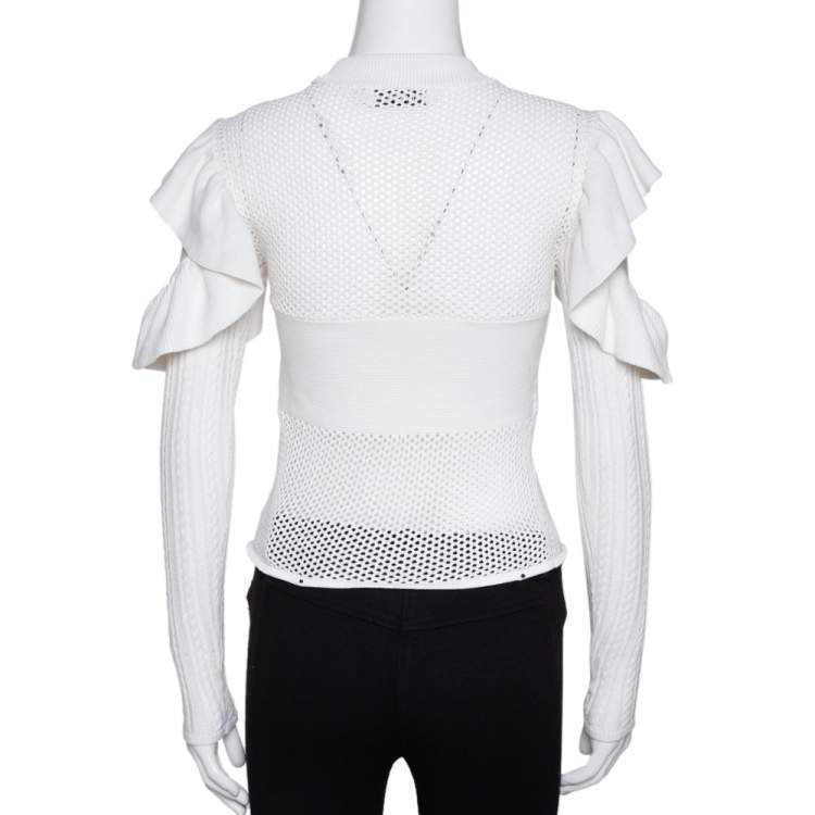 Pre Owned Self Portrait White Eyelet Knit Frill Cold Shoulder Top S