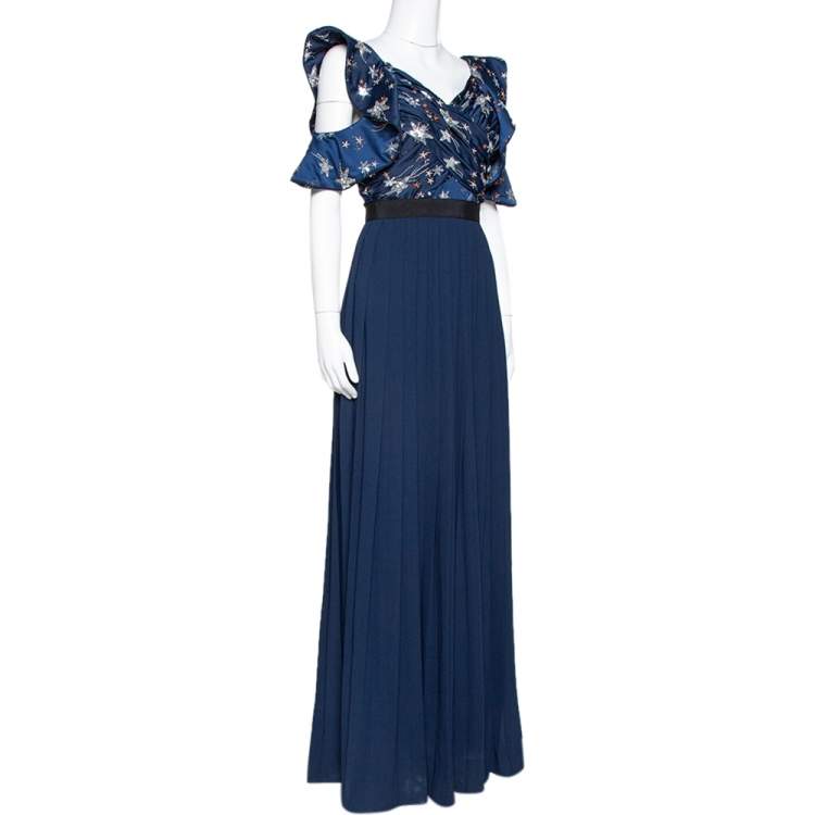 Pre Owned Self-Portrait Navy Blue Satin & Crepe Star Embellished Maxi Dress S