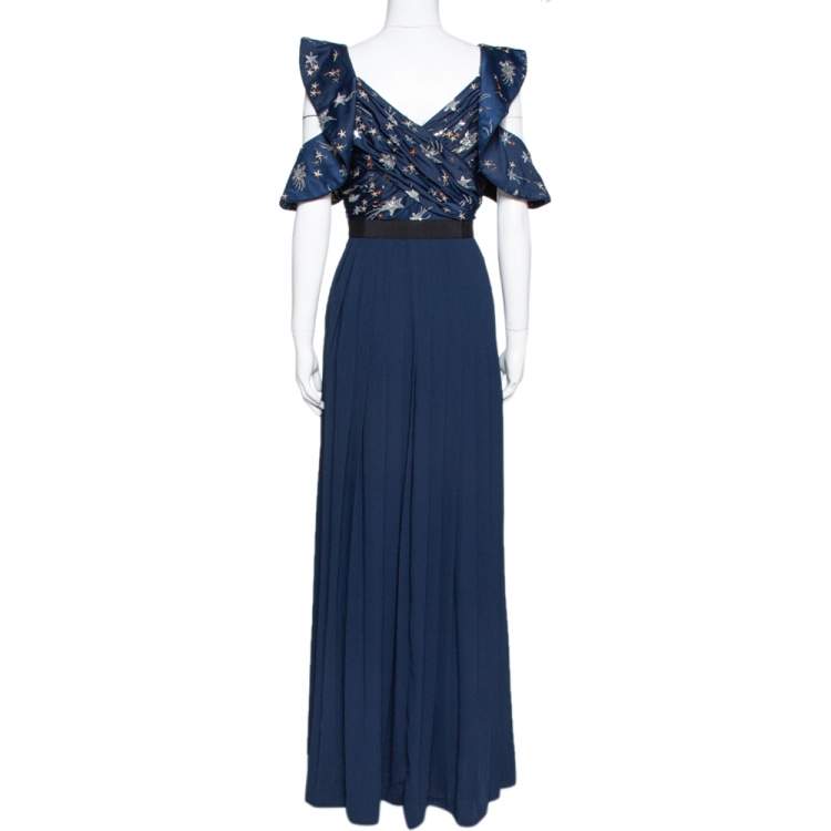 Pre Owned Self-Portrait Navy Blue Satin & Crepe Star Embellished Maxi Dress S