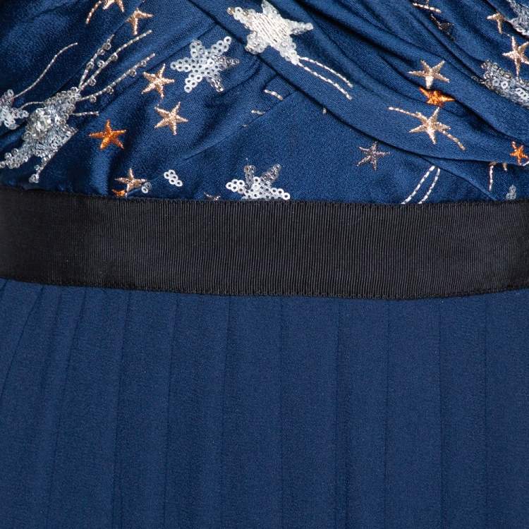 Pre Owned Self-Portrait Navy Blue Satin & Crepe Star Embellished Maxi Dress S