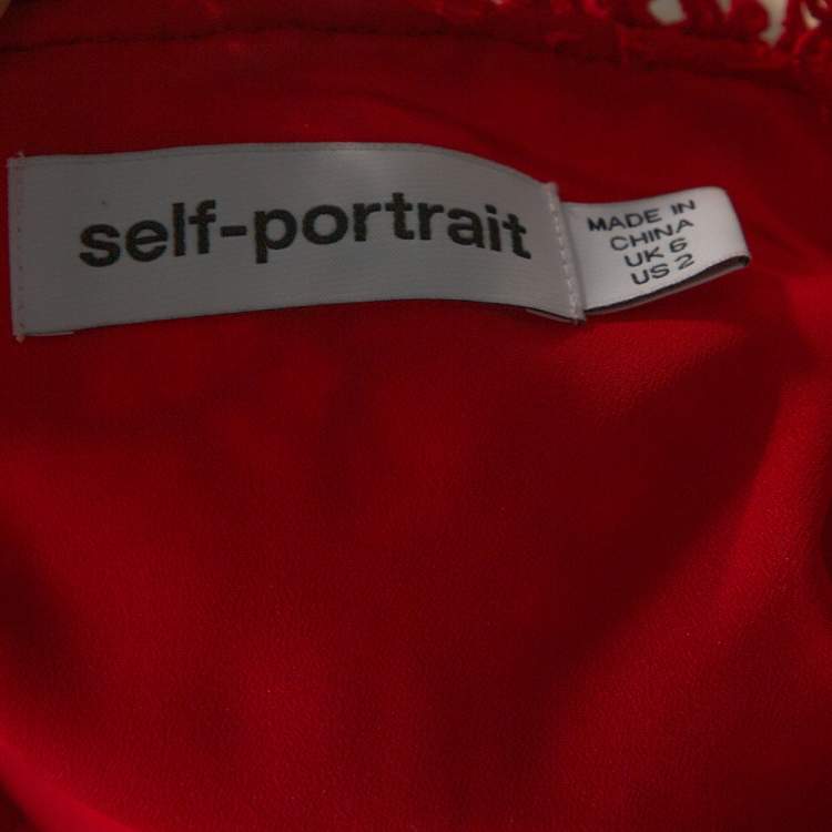 Pre Owned Self Portrait Red Hibiscus Guipure Lace Short Sleeve Dress S