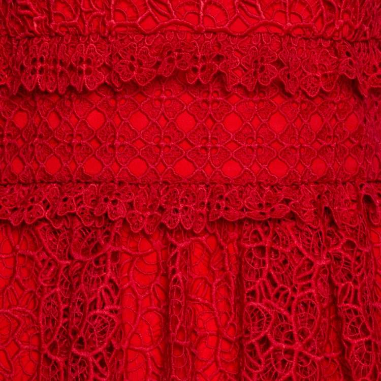 Pre Owned Self Portrait Red Hibiscus Guipure Lace Short Sleeve Dress S
