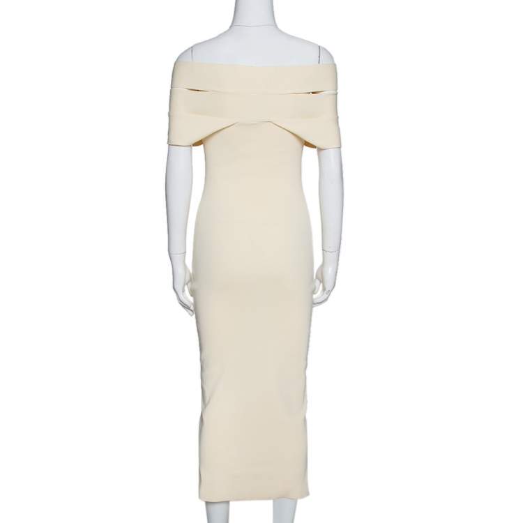 Pre Owned Self-Portrait Cream Knit Wrapped Off Shoulder Bodycon Dress L