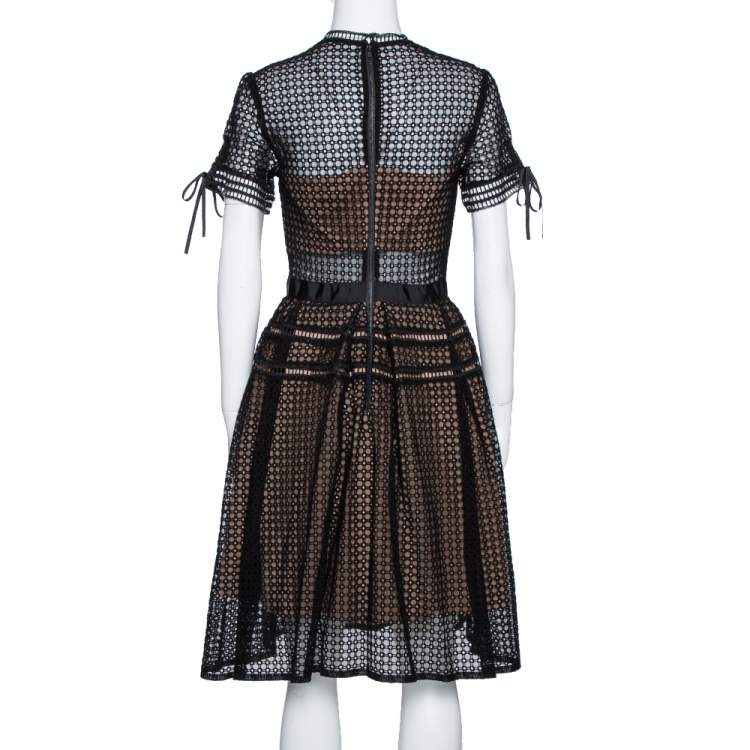 Pre Owned Self-Portrait Black Eyelet Lace Pleated Aurelia Dress M