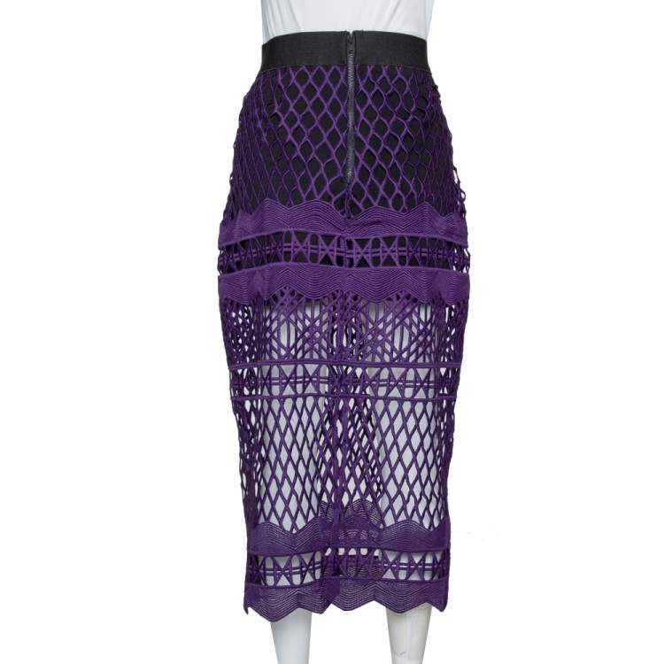 Pre Owned Self-Portrait Purple Cut Out Lace Midi Skirt M