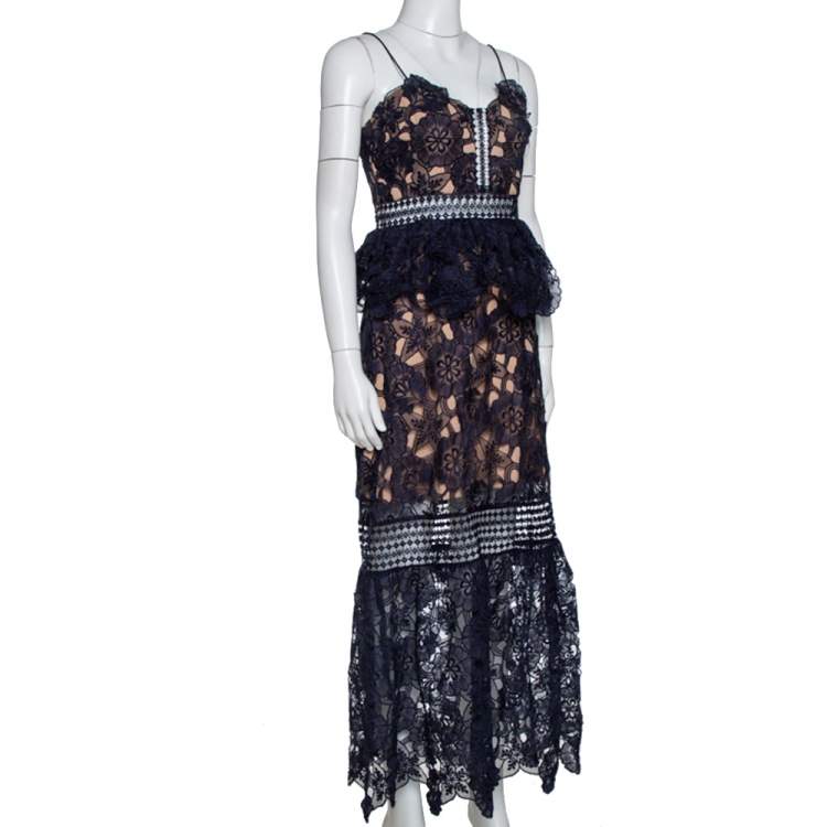 مملوكة مسبقًا Self-Portrait Navy Blue Sheer Lace Paneled Amaryllis Column Dress M