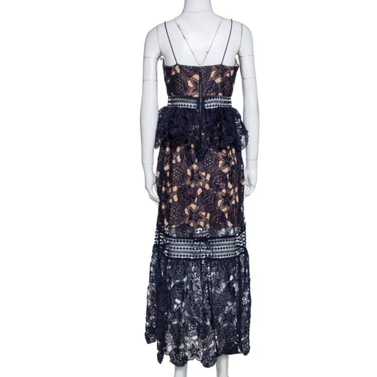 مملوكة مسبقًا Self-Portrait Navy Blue Sheer Lace Paneled Amaryllis Column Dress M