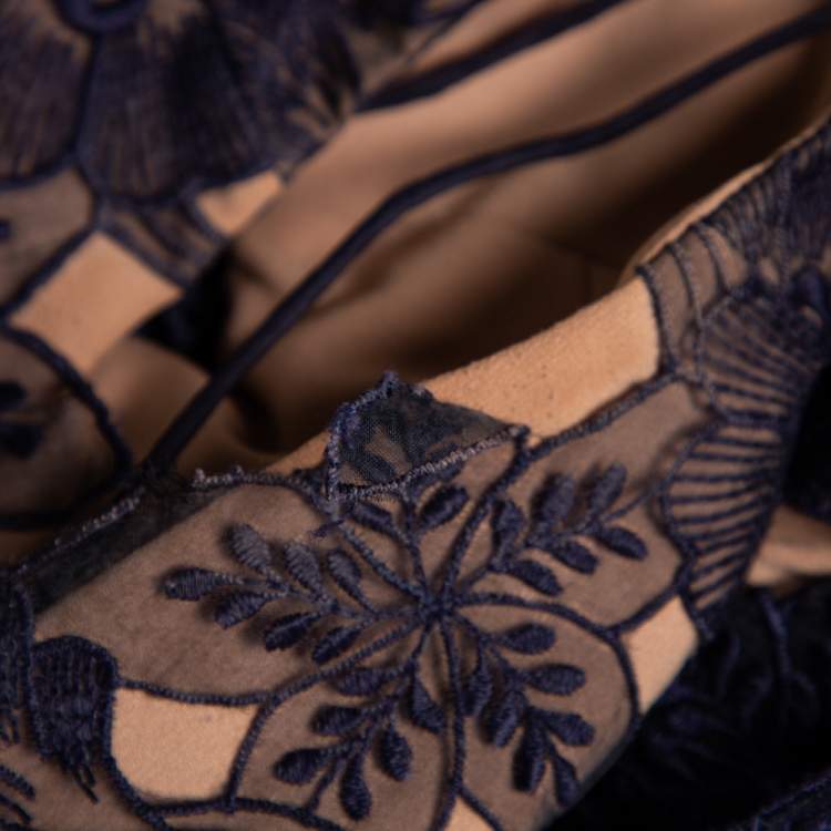 مملوكة مسبقًا Self-Portrait Navy Blue Sheer Lace Paneled Amaryllis Column Dress M