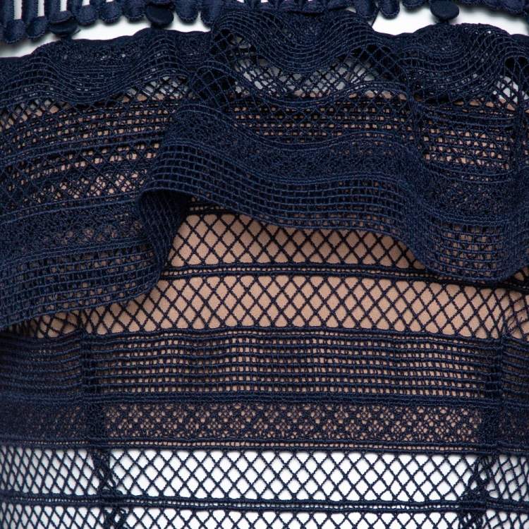 Pre Owned Self-Portrait Navy Blue Guipure Lace Detachable Yoke Midi Dress S