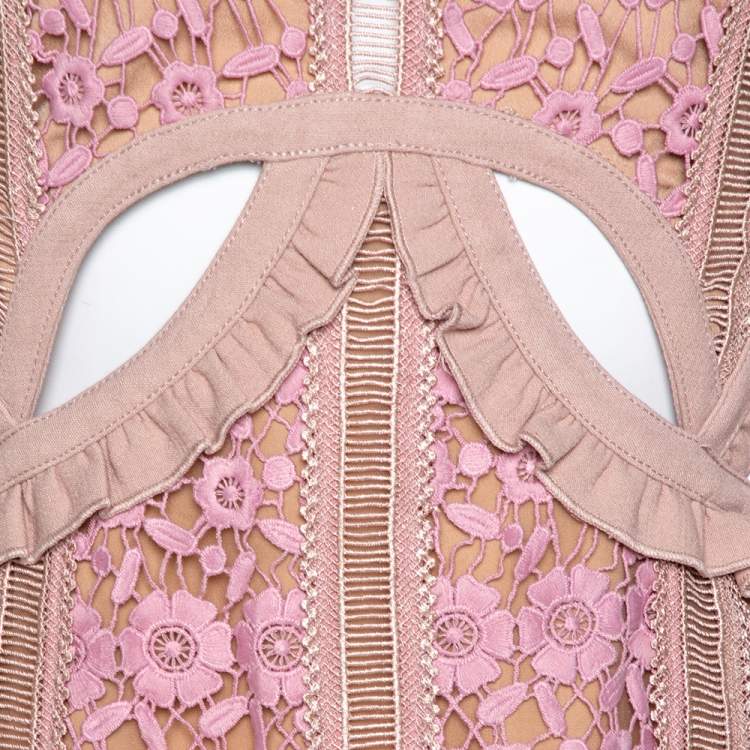 مملوكة مسبقًا Self Portrait Beige & Pink Floral Lace Payne Cutout Dress M