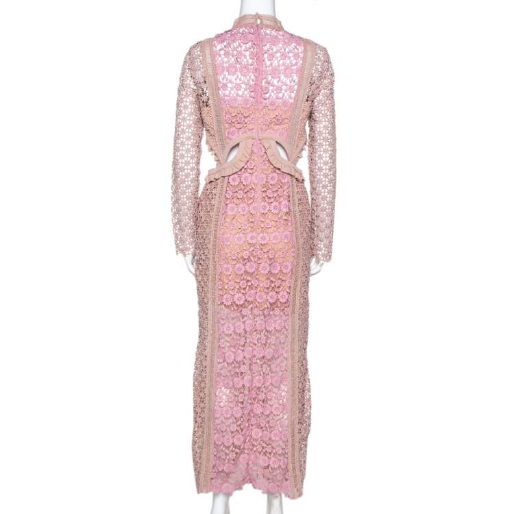 مملوكة مسبقًا Self Portrait Beige & Pink Floral Lace Payne Cutout Dress M
