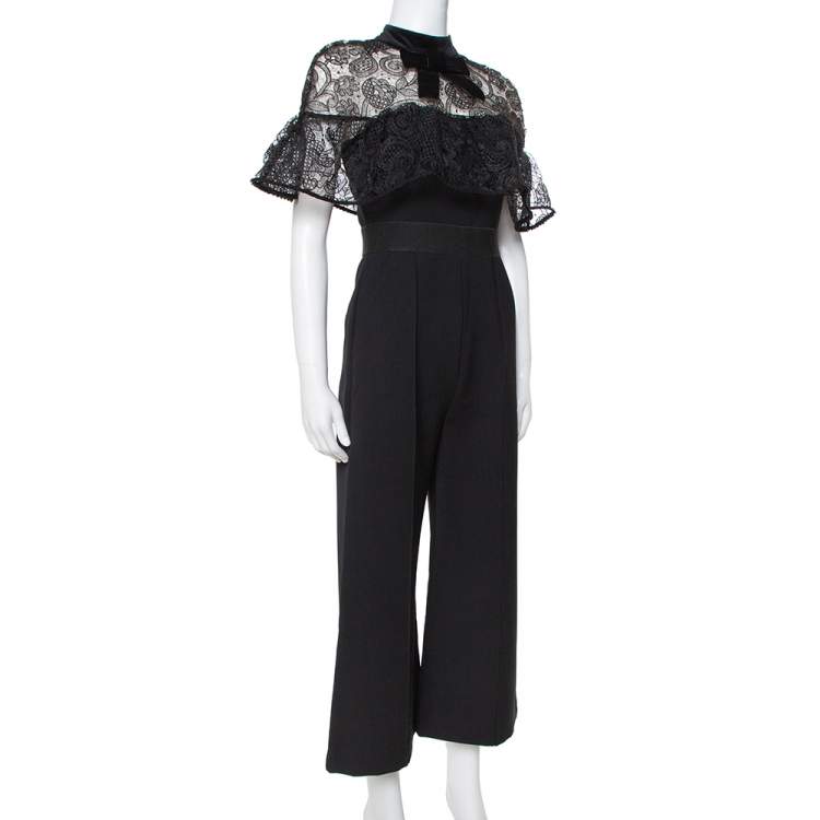 Pre Owned Self-Portrait Black Crepe Ruffled Lace Panel Wide Leg Jumpsuit S