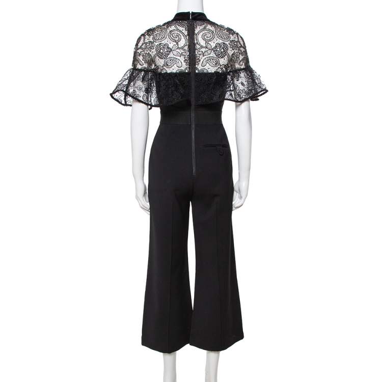 Pre Owned Self-Portrait Black Crepe Ruffled Lace Panel Wide Leg Jumpsuit S