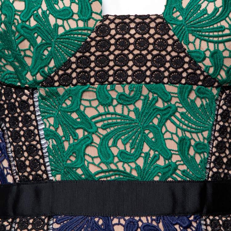 Pre Owned Self-Portrait Multicolor Lace & Pleat Paneled Midi Sundress S