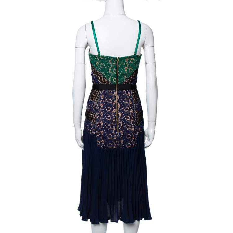 Pre Owned Self-Portrait Multicolor Lace & Pleat Paneled Midi Sundress S