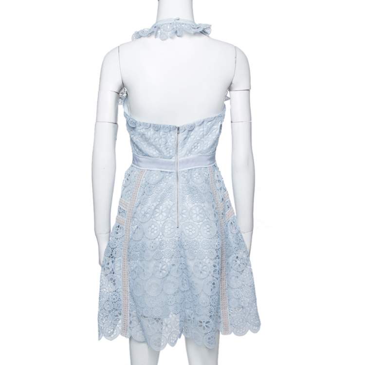 Pre Owned Self-Portrait Powder Blue Lace Halter Mini Dress S