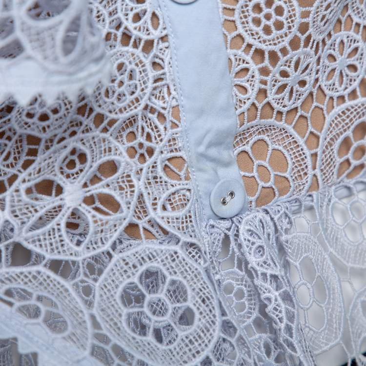 Pre Owned Self Portrait Light Blue Guipure Lace Draped Asymmetric Top M