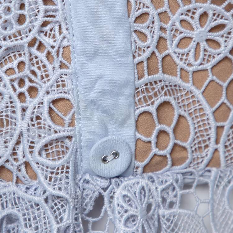 Pre Owned Self Portrait Light Blue Guipure Lace Draped Asymmetric Top M