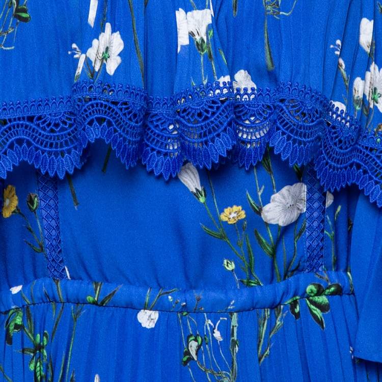 Pre Owned Self-Portrait Blue Floral Print Crepe Pleated Off Shoulder Dress XS