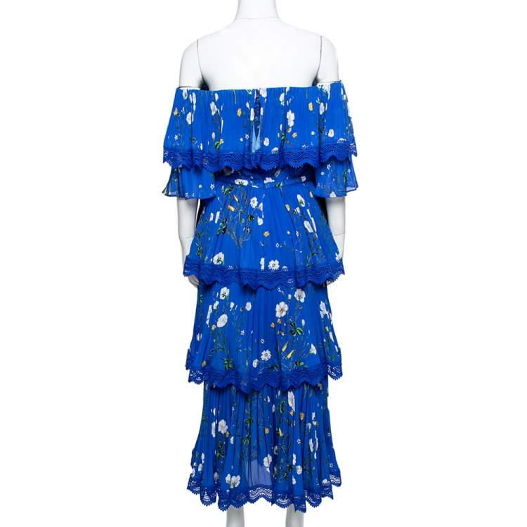 Pre Owned Self-Portrait Blue Floral Print Crepe Pleated Off Shoulder Dress XS