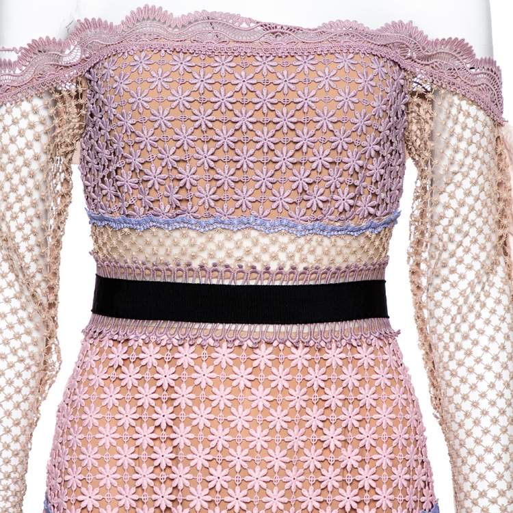 Pre Owned Self Portrait Pale Pink Guipure Lace Bellis Off Shoulder Dress S